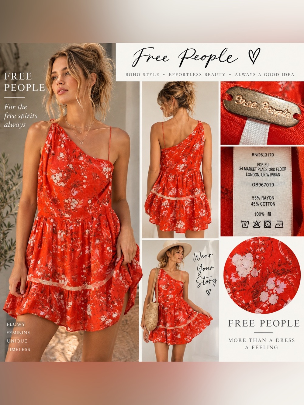 Free People One-Shoulder Coral-Red Floral Ruffle Mini Dress
